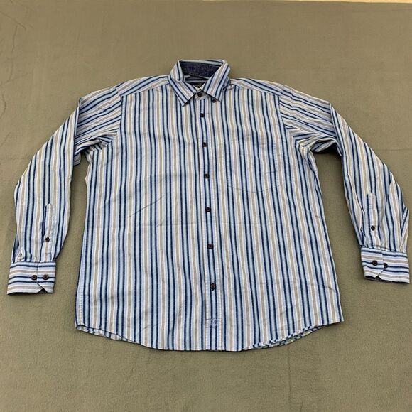 Bugatchi Uomo Button Shirt Mens Medium Striped Flip Cuff Cotton Long Sleeve - Picture 1 of 16